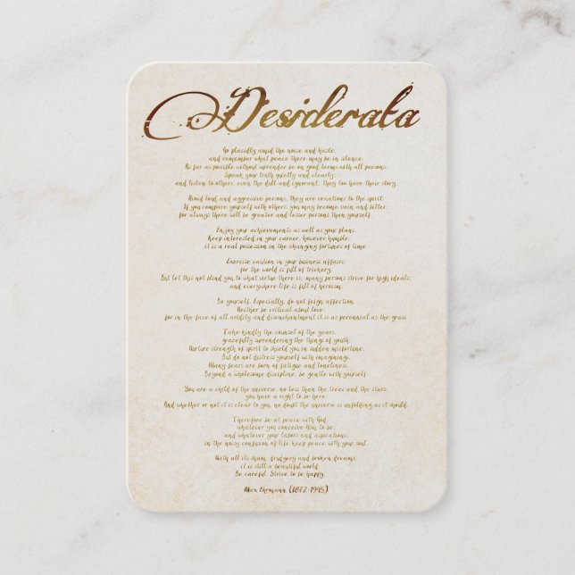 Tarjeta De Visita Desiderata/Cosas Deseadas en el Arte Caligráfico (Anverso)