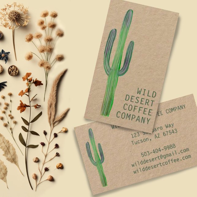 Tarjeta De Visita Desierto Saguaro Cactus acuarela Boho Kraft único (Hand painted saguaro cactus decorates this minimalist kraft business card, add your own text!)