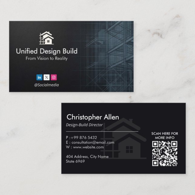 Tarjeta De Visita Design-Build Firms Business | Black Sketch (Anverso / Reverso)