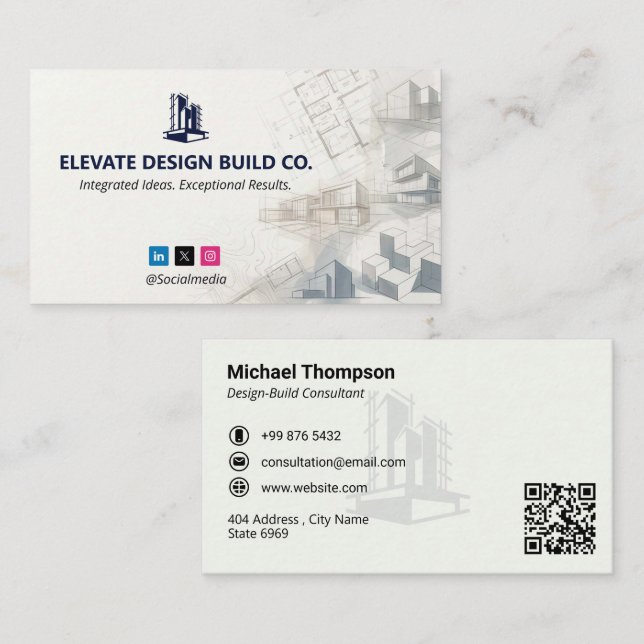 Tarjeta De Visita Design-Build Firms Business | White Sketch (Anverso / Reverso)