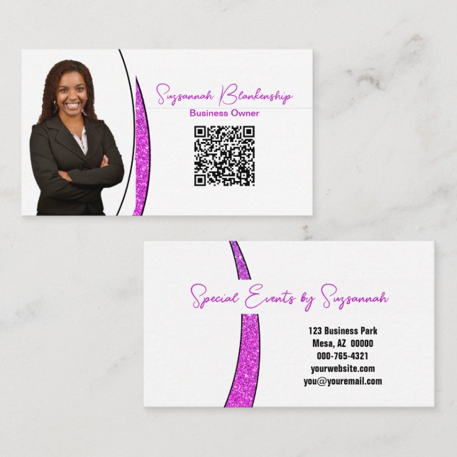 Tarjeta De Visita Deslizador rosa profesional de Purpurina falso QR (Anverso / Reverso)