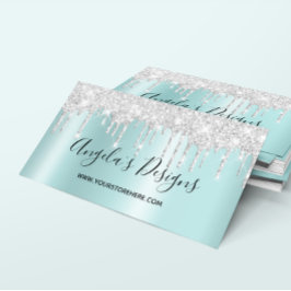 Tarjeta De Visita Destellos Plateados Brillantes Goteos Turquesa Cla