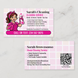 Tarjeta De Visita Detalle de Bandana Rosa Limpieza QR Cartoon Criada