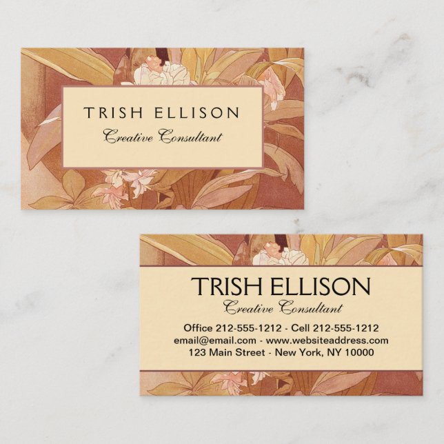 Tarjeta De Visita Detalle floral de Alphonse Mucha Art Nouveau (Anverso / Reverso)