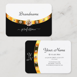 Tarjeta De Visita Diamantes de imitación de Iniciales Blancas y Negr