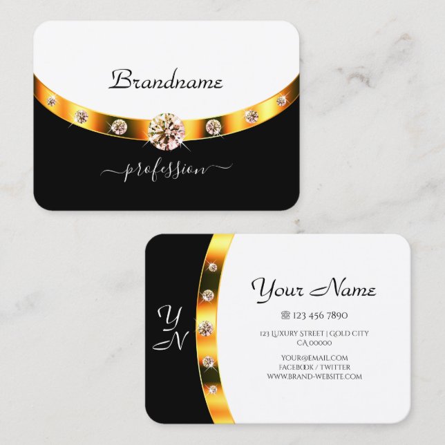 Tarjeta De Visita Diamantes de imitación de Iniciales Blancas y Negr (Anverso / Reverso)