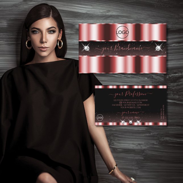 Tarjeta De Visita Diamantes elegantes rojos y negros con logotipo (Subido por el creador)