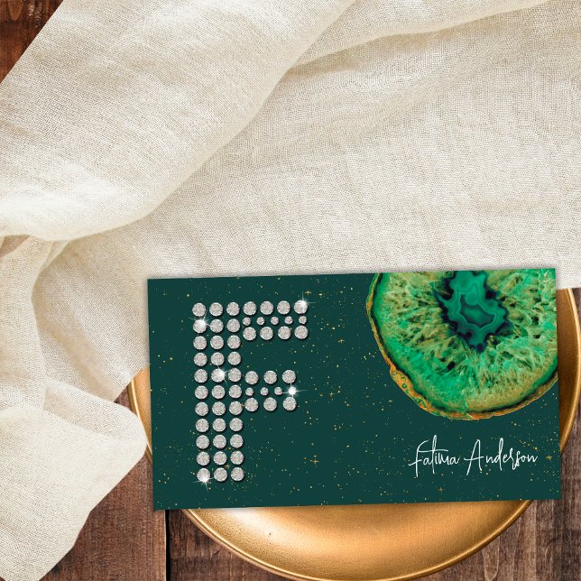 Tarjeta De Visita Diamantes Esmeralda Ágata Letra Inicial F Monogram (Front)