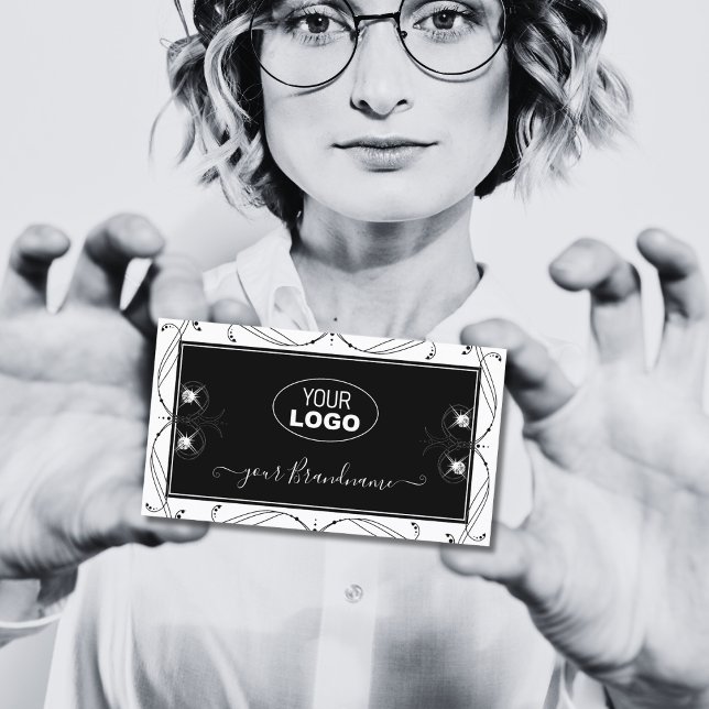 Tarjeta De Visita Diamantes espumosos en blanco y negro añaden logot (Subido por el creador)