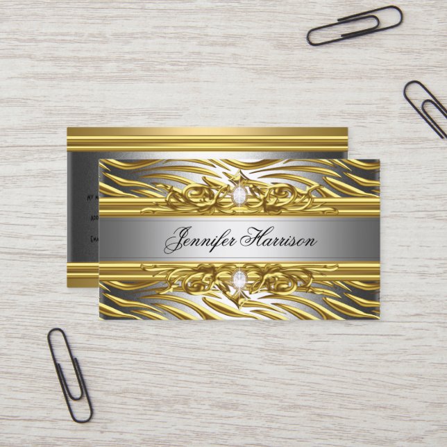Tarjeta De Visita Diamond Jewel Zebra Gold En Gold Silver Elegante (Anverso/Reverso In Situ)
