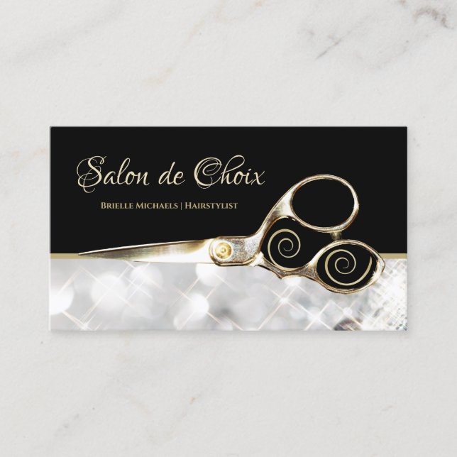 Tarjeta De Visita Diamond Sparkle Salon Gold Hairstylist Scisors (Anverso)
