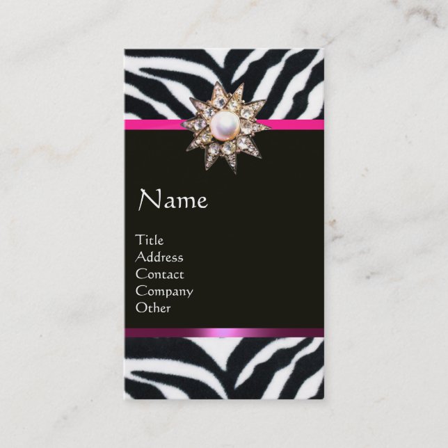 TARJETA DE VISITA DIAMOND STAR PINK BLANCO NEGRO ZEBRA FUR MONOGRAM (Anverso)