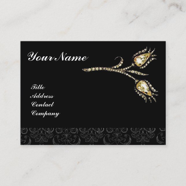 Tarjeta De Visita DIAMONTE TULIPS DAMASK MONOGRAM, negro y blanco (Anverso)