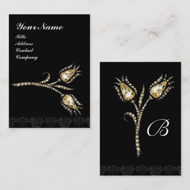 Tarjeta De Visita DIAMONTE TULIPS DAMASK MONOGRAM, negro y blanco (Anverso / Reverso)