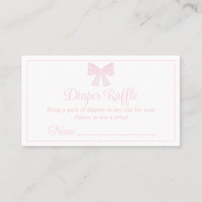 Tarjeta De Visita Diaper Raffle Pink Bow Preppy Baby Shower (Anverso)