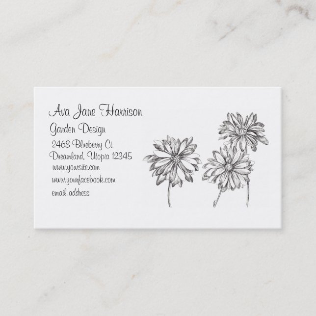 Tarjeta De Visita Dibujo de flores blancas negras (Anverso)