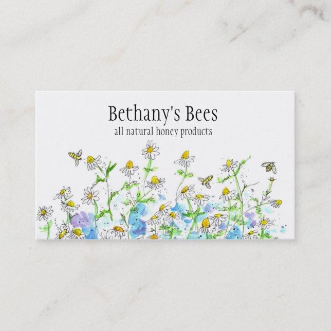 Tarjeta De Visita Dibujo de flores de manzanilla de abejas melíferas (Anverso)