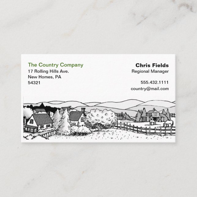 Tarjeta De Visita Dibujo simple en blanco y negro - Escena de campo (Anverso)