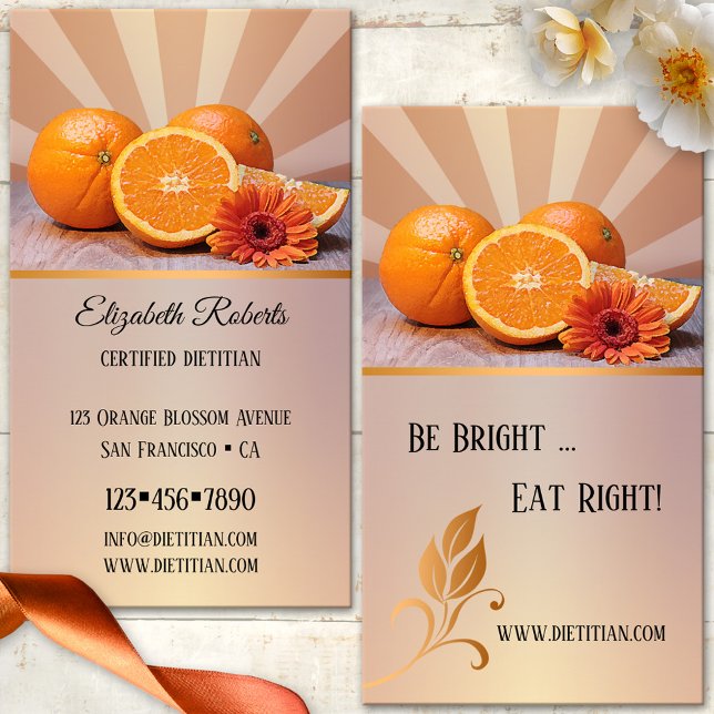 Tarjeta de visita dietista nutricionista para nara (Dietitian business card featuring an elegant design with oranges and a gerbera flower on rose gold)