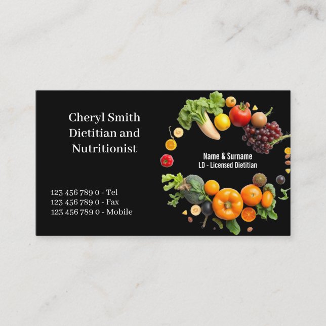 Tarjeta De Visita Dietitian Nutritionist fruit vegetable color photo (Anverso)