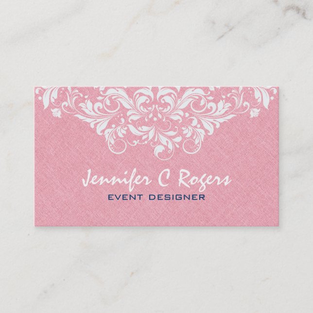Tarjeta De Visita Diseñador de eventos PinkLinen White Floral Lace (Anverso)