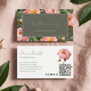 Tarjeta De Visita Diseñador de Interiores Botánico Floral de Peonía