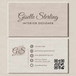 Tarjeta De Visita Diseñador de interiores Código QR elegante de lino