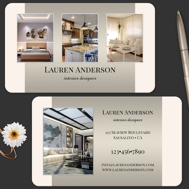Tarjeta De Visita Diseñador de interiores de cartera (Portfolio interior design professional business card in tan metal with custom colors)