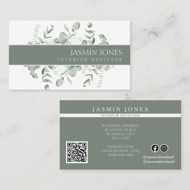 Tarjeta De Visita Diseñador de interiores de elegante eucalipto verd (Anverso / Reverso)