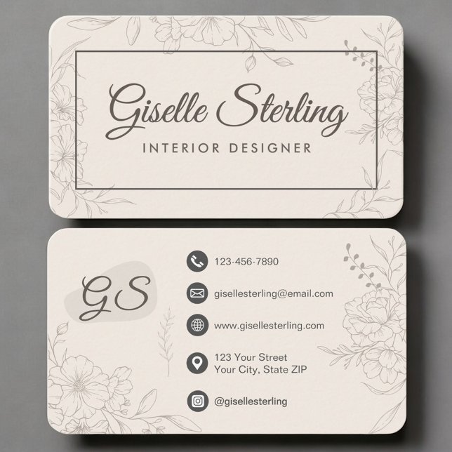 Tarjeta De Visita Diseñador de interiores floral neutral (Subido por el creador)