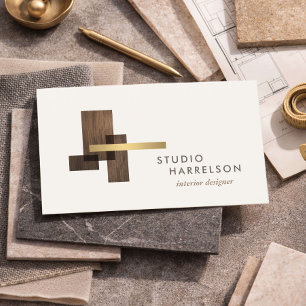 Tarjeta De Visita Diseñador de interiores Madera Dorado Logo Marfil