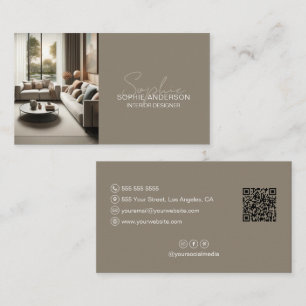 Tarjeta De Visita Diseñador de Interiores Modern Taupe Foto QR