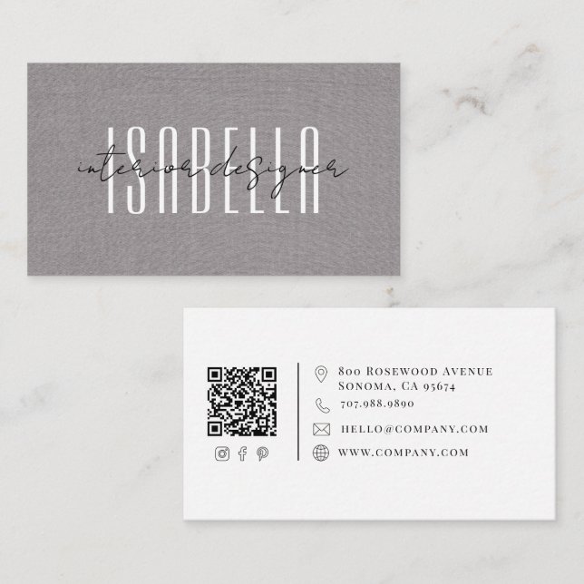 Tarjeta De Visita Diseñador de interiores moderno Faux Lino Script (Anverso / Reverso)