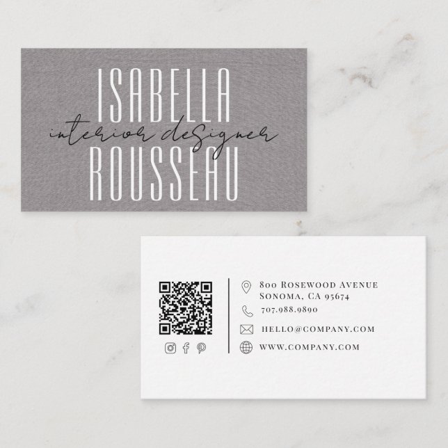 Tarjeta De Visita Diseñador de interiores moderno Faux Lino Script (Anverso / Reverso)