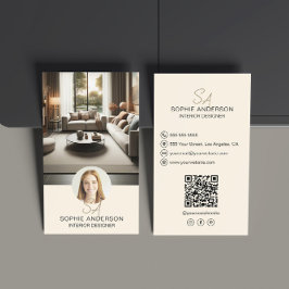 Tarjeta De Visita Diseñador de Interiores Monograma Foto QR Crema