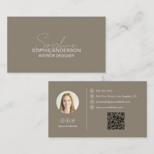 Tarjeta De Visita Diseñador de Interiores Nombre Script Foto QR Taup