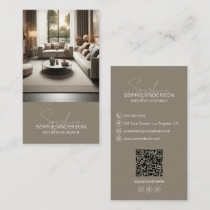 Tarjeta De Visita Diseñador de Interiores Script Nombre Foto QR Beig