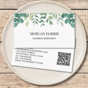 Tarjeta De Visita Diseñador de Jardín Código QR Acuarela Vegetación