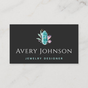 Tarjeta De Visita Diseñador de joyas Flores de cristal y luna elegan