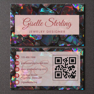 Tarjeta De Visita Diseñador de joyas negras Opal Gemstone QR Code