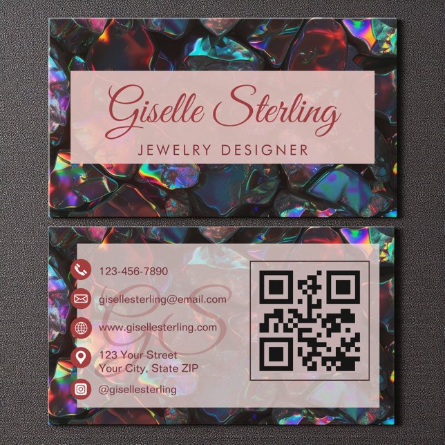 Tarjeta De Visita Diseñador de joyas negras Opal Gemstone QR Code (Subido por el creador)