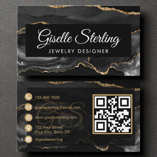 Tarjeta De Visita Diseñador de joyas QR Code Black Gold Agate Luxury