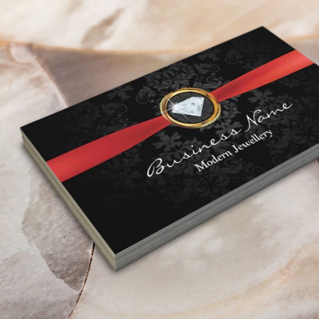Tarjeta De Visita Diseñador de joyas Red Ribbon Damask Moderno (Subido por el creador)