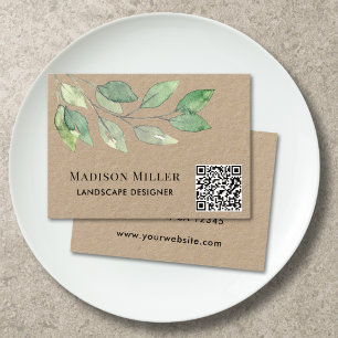 Tarjeta De Visita Diseñador de paisajes Código QR Acuarela Vegetació