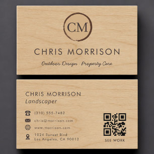 Tarjeta De Visita Diseñador de paisajes Código QR de madera rústica