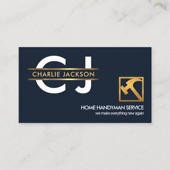Tarjeta De Visita Diseñador elegante Monograma Gold Placard Handyman (Anverso)