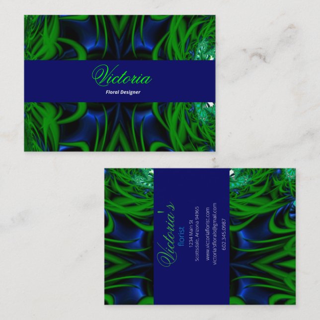 Tarjeta De Visita Diseñador floral Diseño azul y verde (Anverso / Reverso)