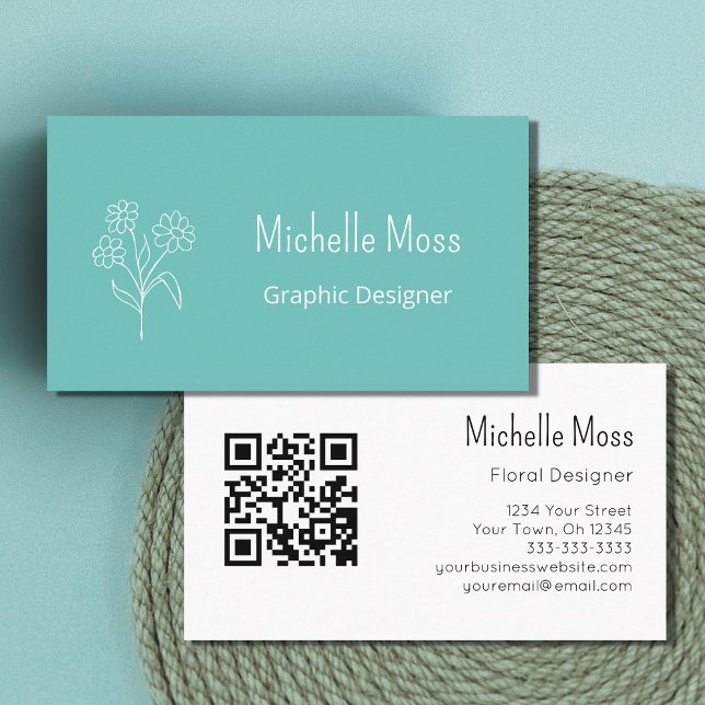 Tarjeta De Visita Diseñador gráfico código QR moda Daisy Verde azula (Subido por el creador)