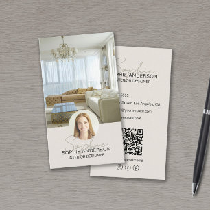 Tarjeta De Visita Diseñador Interior Foto QR Script Nombre Tan