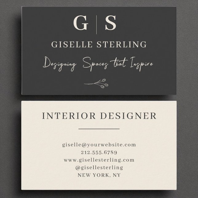 Tarjeta De Visita Diseñador interior Monograma elegante Crema negra (Subido por el creador)